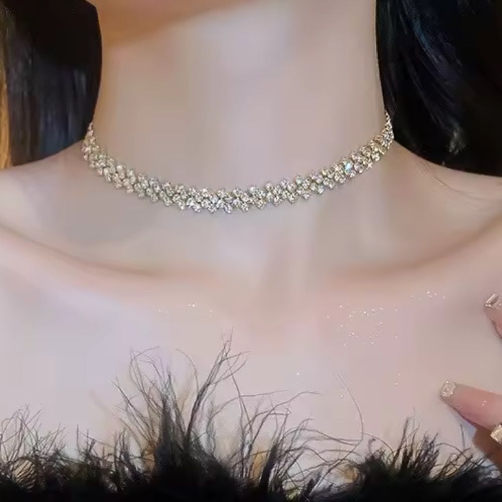 Gold Choker Tennis Necklace Rhinestone V Shaped Crystal Statement Collar Shiny
